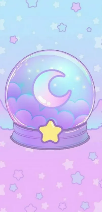 Pastel wallpaper with starry moon globe on blue and pink gradient background.