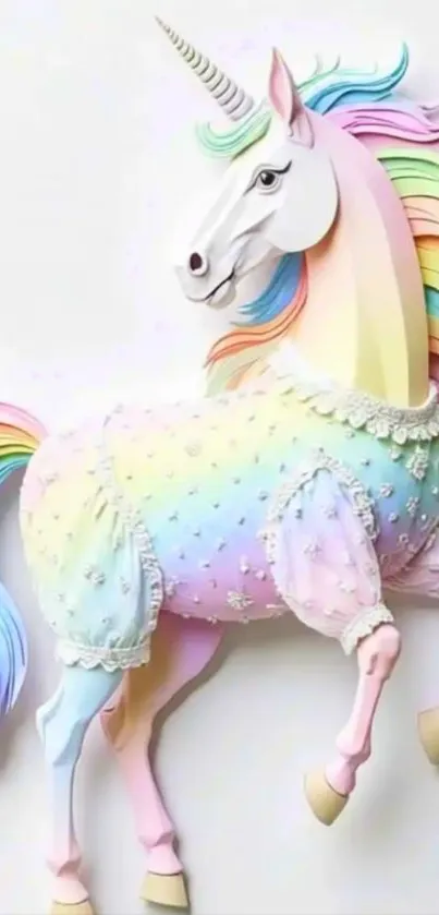 A pastel unicorn with a rainbow mane and starry details.