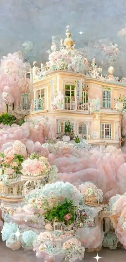 A dreamy pastel castle surrounded by blooming flowers, in soft shades of pink and peach.