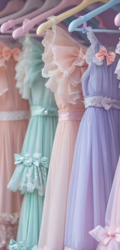 Pastel dresses hanging on a rack.