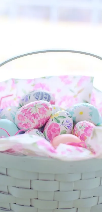 Pastel Easter basket with decorated eggs.