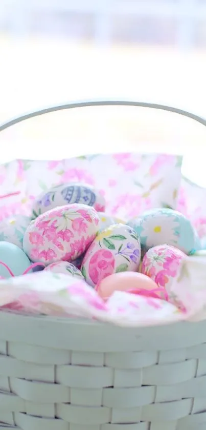 Pastel Easter basket with decorative eggs and floral prints.