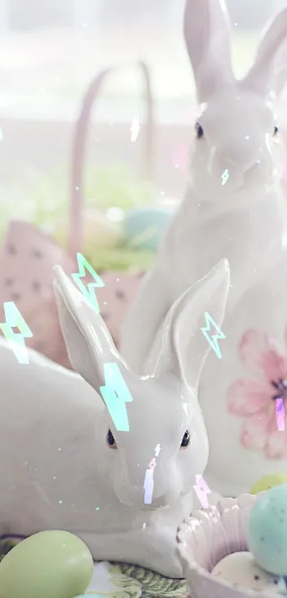 Pastel-themed ceramic bunnies and Easter eggs on a table.