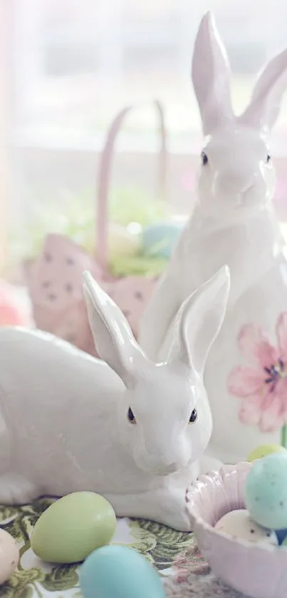 White bunnies with pastels in Easter wallpaper.