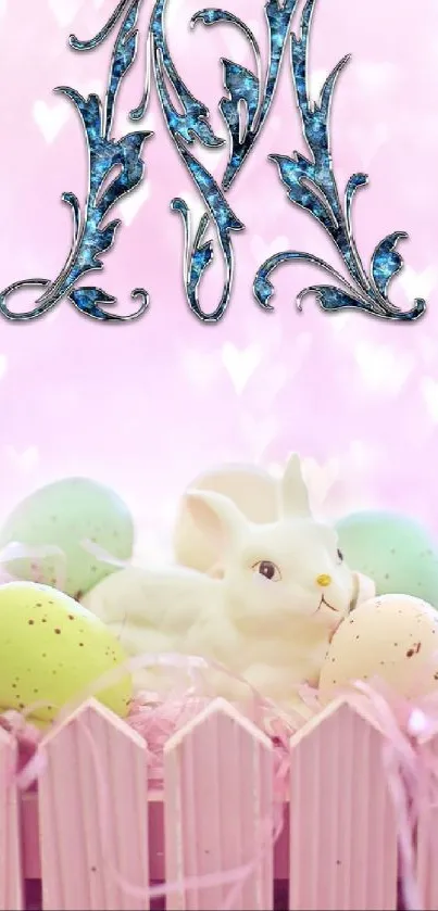 Pastel Easter wallpaper with bunny and eggs.