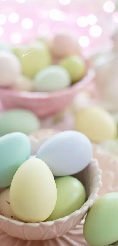 Pastel Easter eggs in soft-focus background.