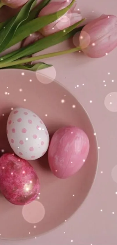 Pastel Easter eggs and tulips on a pink background with bokeh effect.