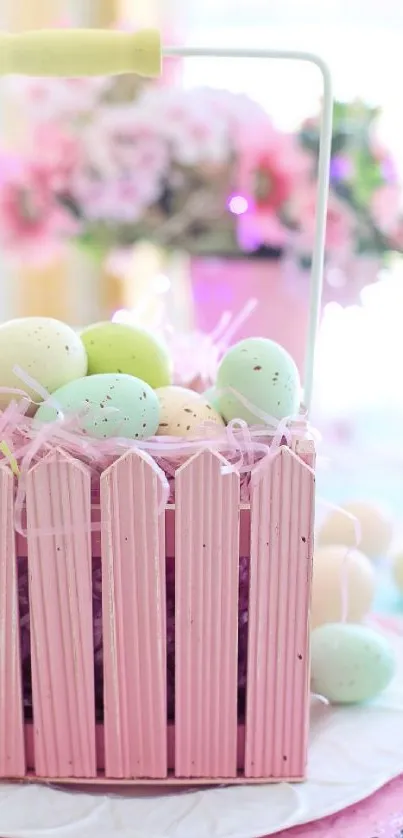 Pastel Easter eggs in a pink basket.