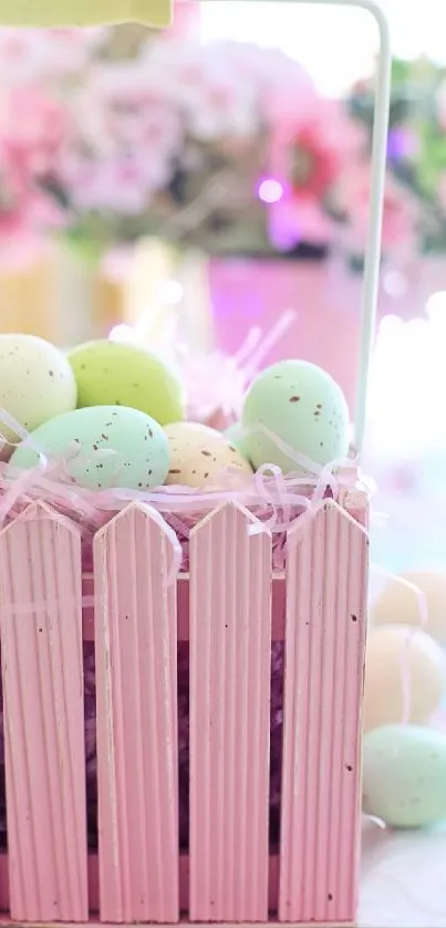 Pastel Easter eggs in a pink basket.