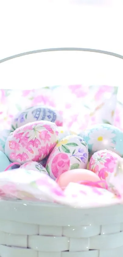 Pastel Easter eggs in a decorative basket.