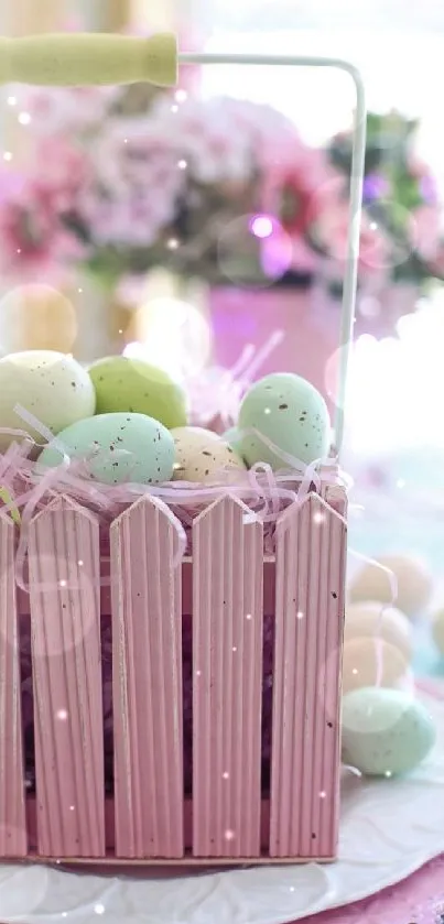 Pastel Easter basket filled with colored eggs and flowers.