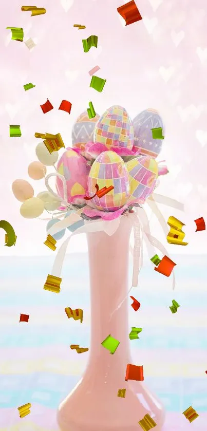 Pastel Easter egg bouquet in pink vase with soft heart background.