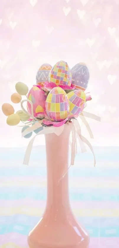 Pastel Easter egg bouquet in a pink vase with a soft background.