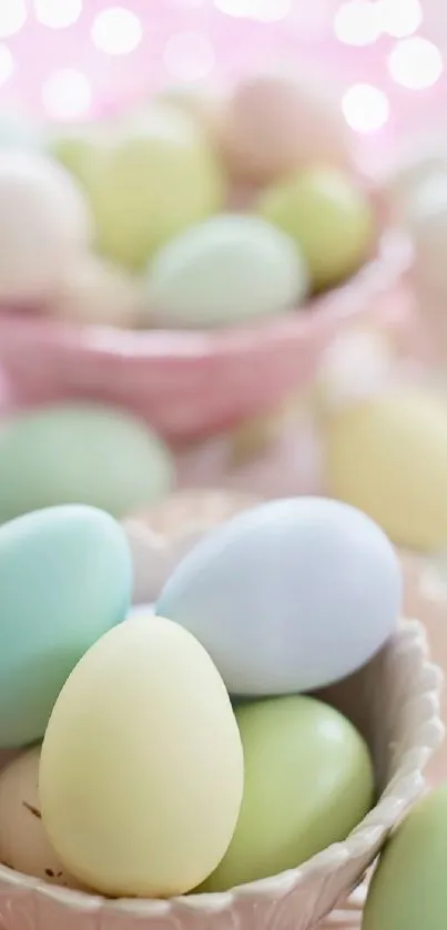 Pastel Easter eggs in soft-hued shades in a decorative setting.