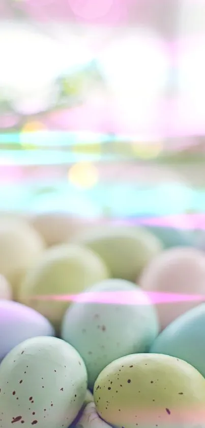 Pastel colored Easter eggs in soft focus.