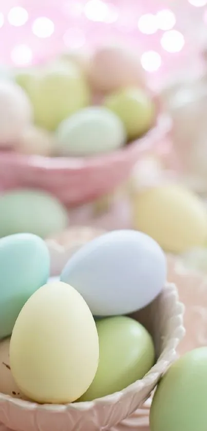 Pastel Easter eggs in bowls create a serene festive wallpaper.