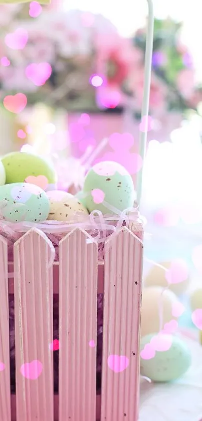 Pastel Easter eggs with pink heart bokeh design.