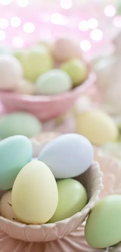 Pastel colored Easter eggs arranged elegantly in bowls.