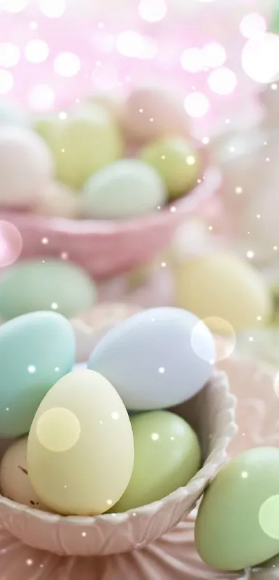 Pastel eggs in pink decor setting