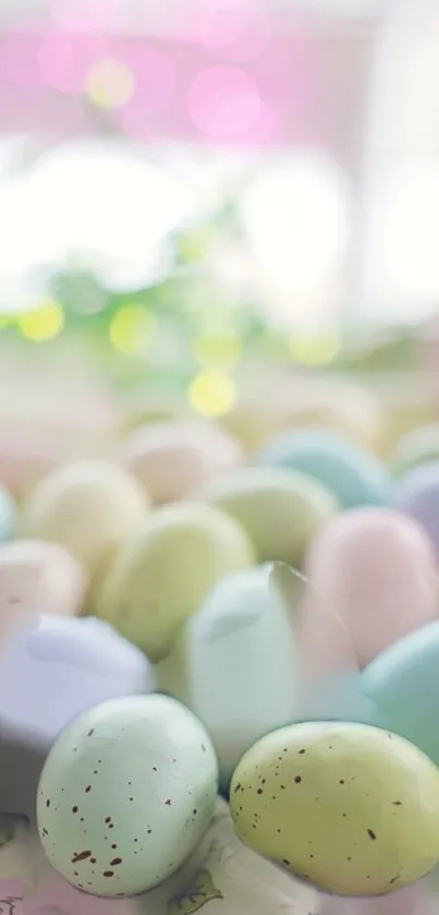 Pastel Easter eggs with bokeh background, soft colors, serene theme.