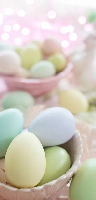 Colorful pastel Easter eggs in decorative bowls.