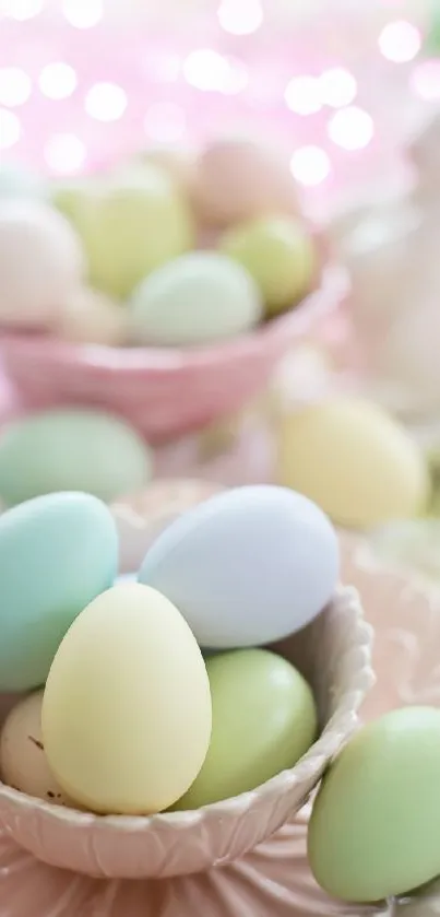 Pastel Easter eggs in ceramic dishes on display.