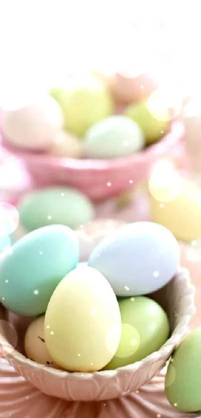 Delicate pastel Easter eggs in elegant pink bowls.