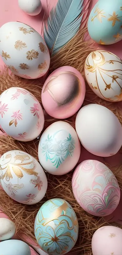 Pastel Easter eggs with feathers on a pink background.