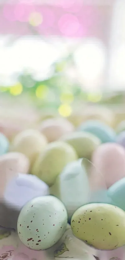 Pastel colored Easter eggs with spring theme.