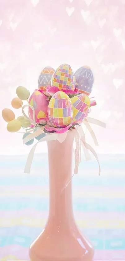 Pastel Easter eggs in pink vase with heart backdrop.