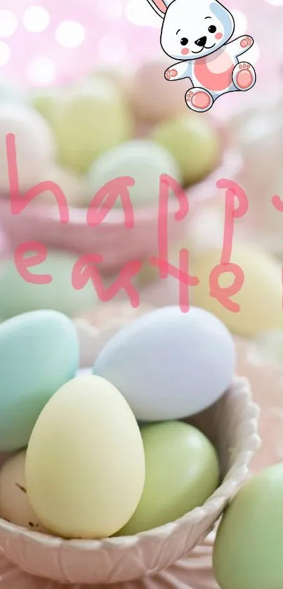 Pastel Easter eggs with 'happy Easter' text and a cute bunny character.