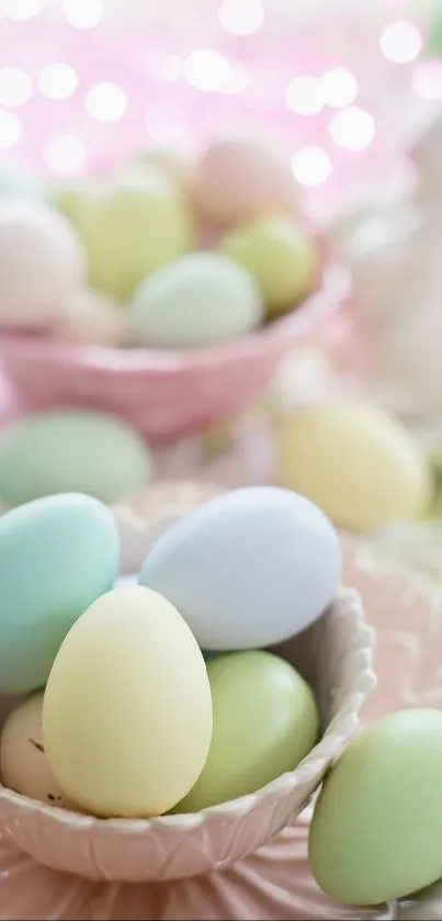 Pastel colored Easter eggs in soft decorative display.