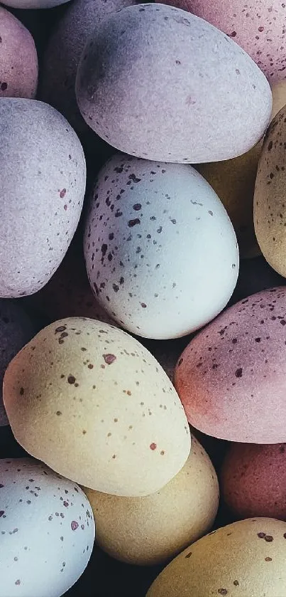 Colorful pastel Easter eggs in a soft, decorative arrangement.