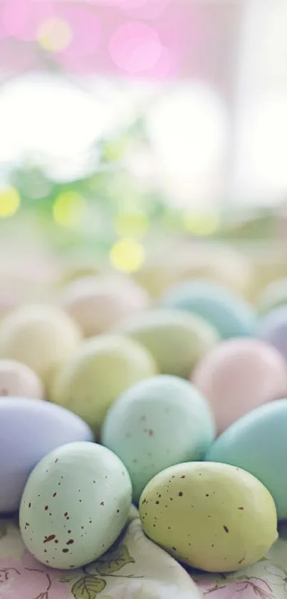 Pastel colored Easter eggs in soft focus, perfect for spring mobile wallpaper.