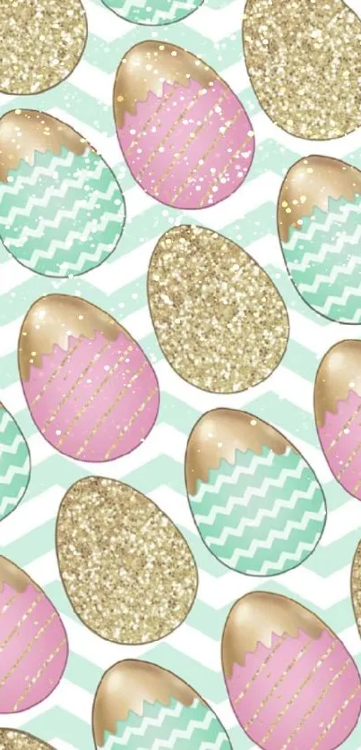 Pastel pink and mint Easter eggs with gold glitter accents on a zigzag pattern.