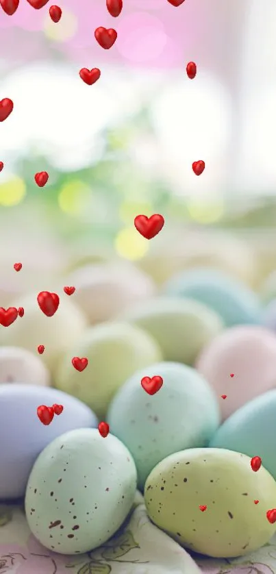 Pastel Easter eggs with floating red hearts on a festive mobile wallpaper.