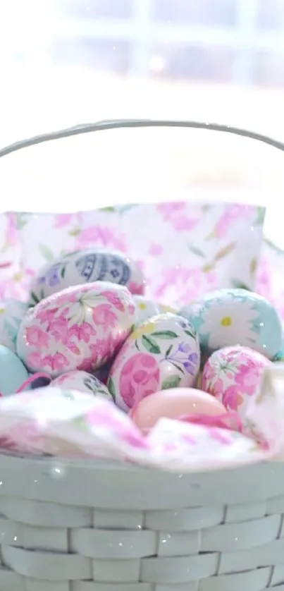 Pastel Easter eggs in a wicker basket with floral decorations.