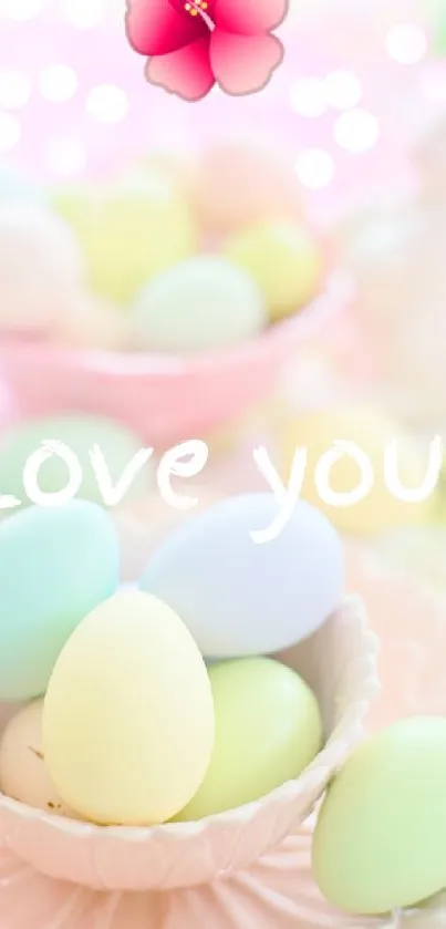 Pastel Easter eggs with 'Love You' text in soft colors.