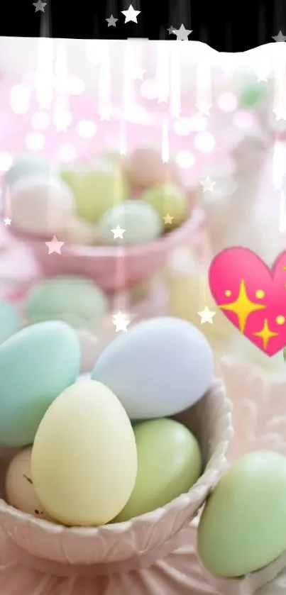 Pastel eggs, pink heart, sparkles in dreamy theme