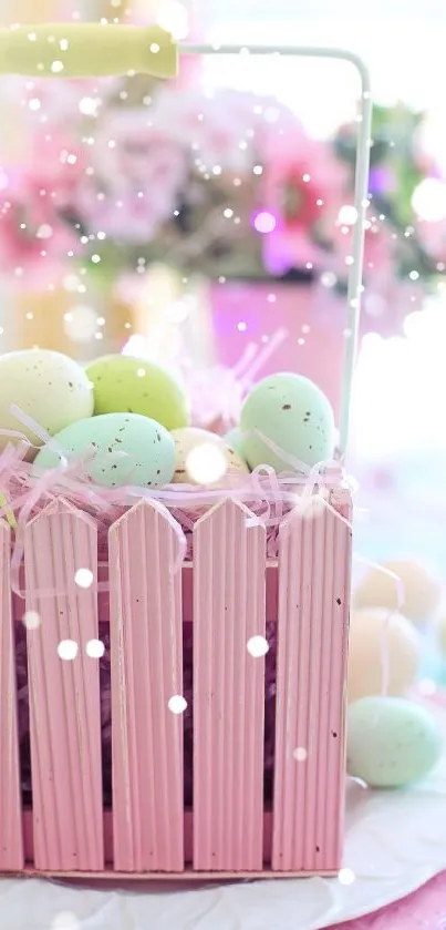 Pastel pink basket with colorful Easter eggs and floral background.