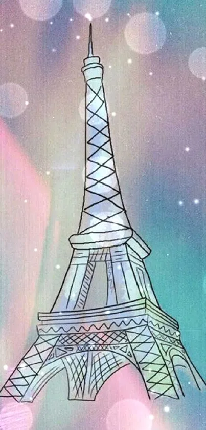 A pastel art illustration of the Eiffel Tower with a dreamy background.