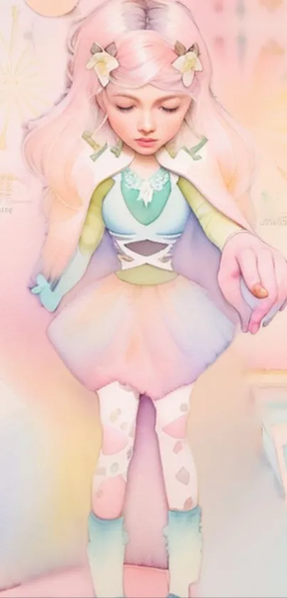 Pastel illustration of a whimsical fairy character with soft pink and blue hues.