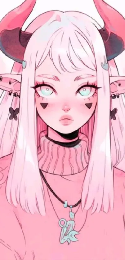 Anime character with pastel pink tones, horns, and ethereal features.