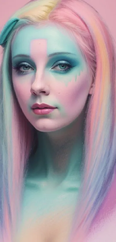 Pastel portrait with whimsical colors and artistic style.