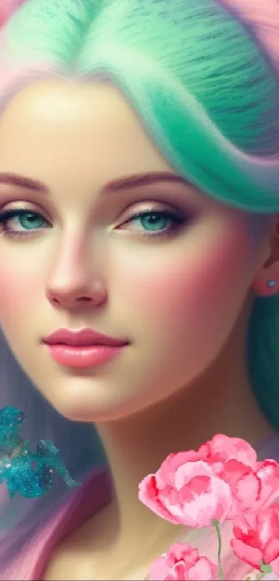 Pastel fantasy art portrait with floral elements and ethereal colors.