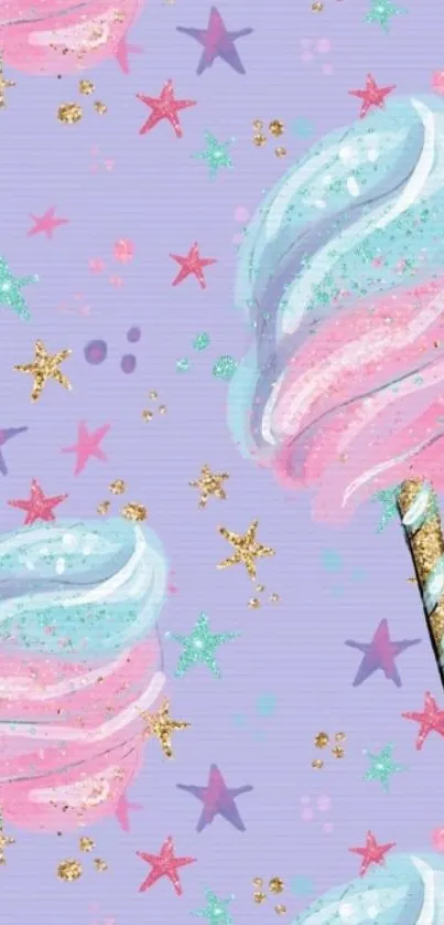 Whimsical pastel wallpaper with candy and stars.