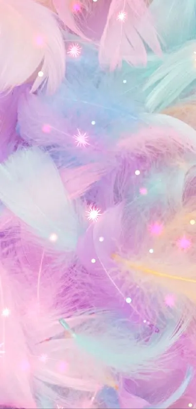 Pastel feathers mobile wallpaper background with pink and blue hues.