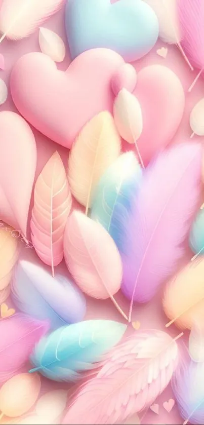 Pastel feathers and hearts wallpaper with soothing colors.