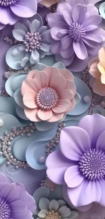 Pastel floral art with intricate blooming flowers in lavender and pink tones.