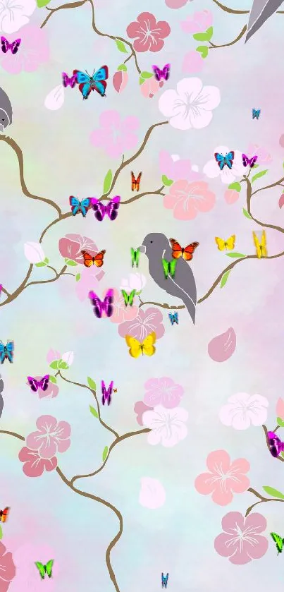 Pastel wallpaper with birds and cherry blossoms on branches.